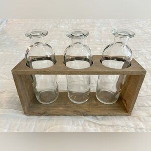 Three (3) glass, flower decoration wooden holder